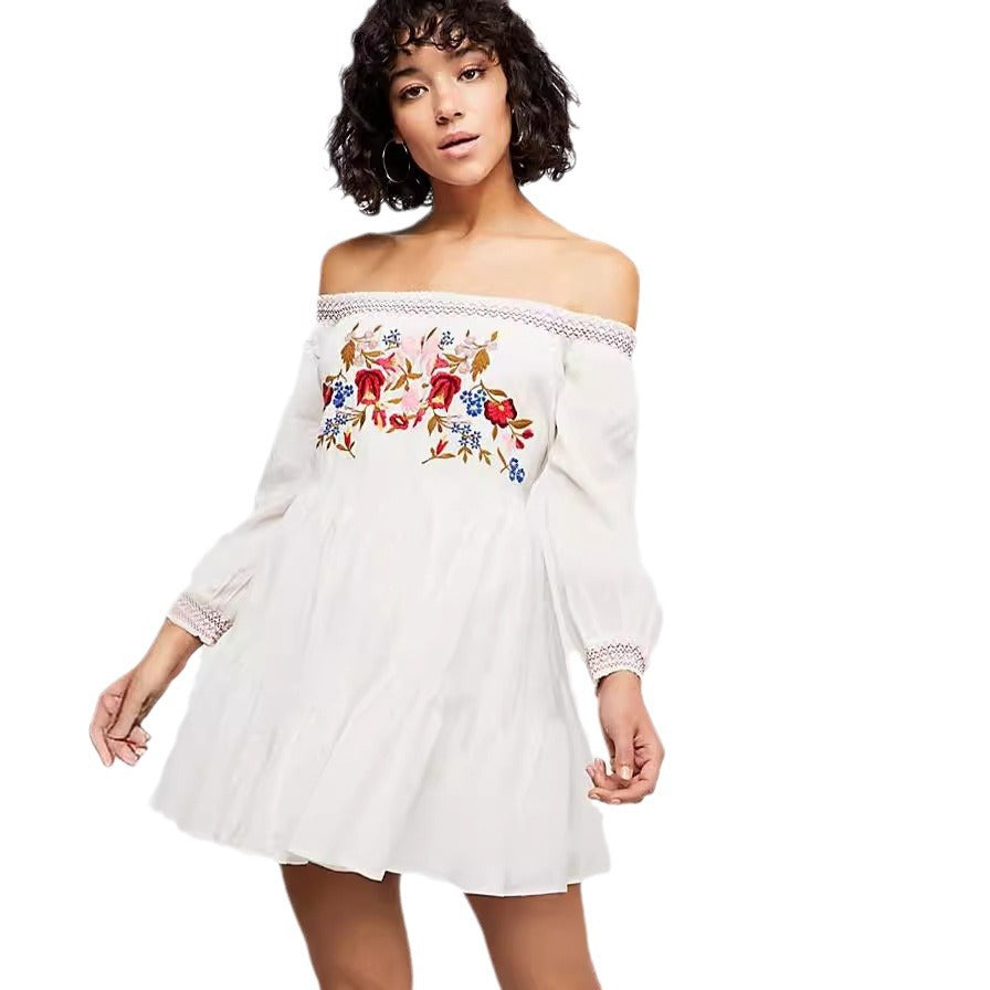 Damer Off-Shoulder Kjole med blomsterbroderi og elastiske ærmer Stilla