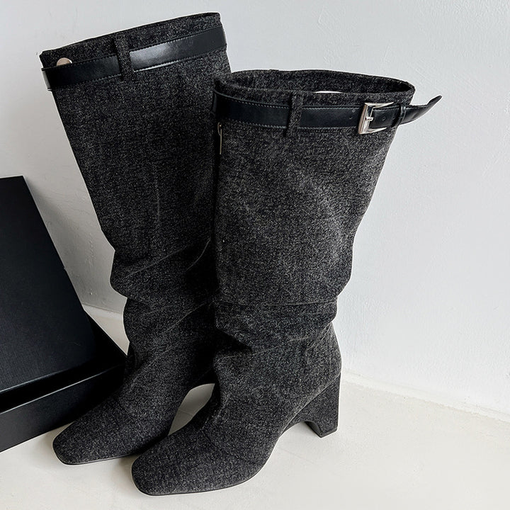 Femme Slouchy Denim Lårhøje Stiletto Støvler Stilla