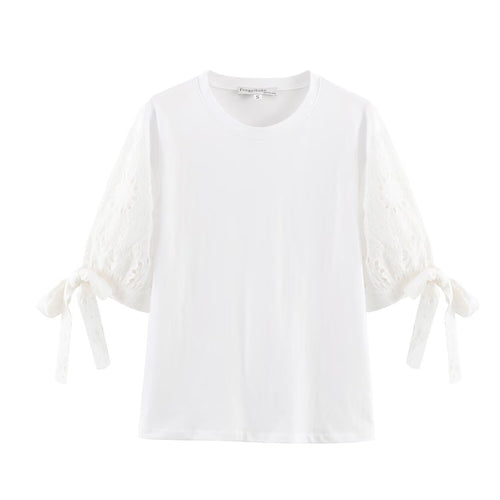 Dame T-shirt med elegant spids-snit og tidløs sløjfe-applikation Skovae