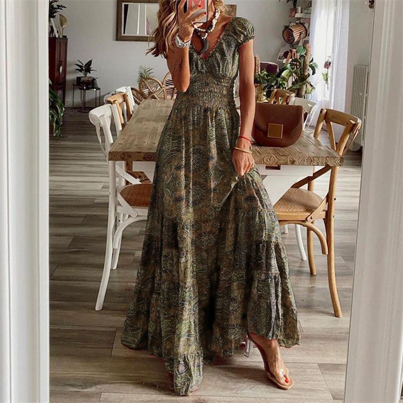 Dame Boho Maxi Kjole med rynket overdel og lagdelt kant Stilla