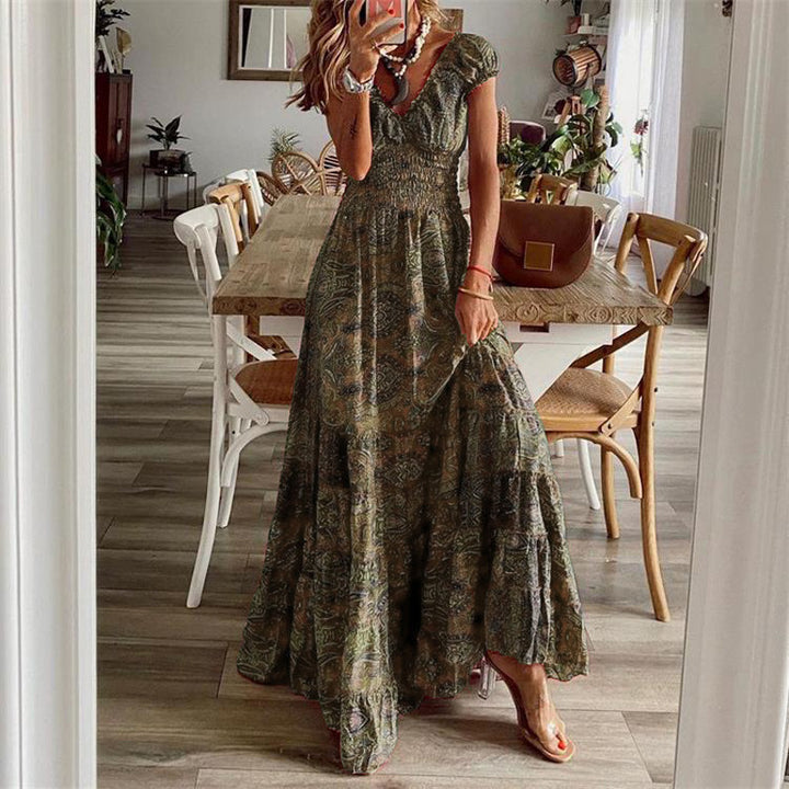 Dame Boho Maxi Kjole med rynket overdel og lagdelt kant Stilla