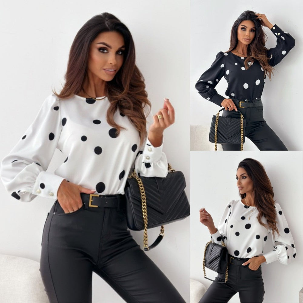 Dame elegant Bluse med prikker og puffærmer Stilla