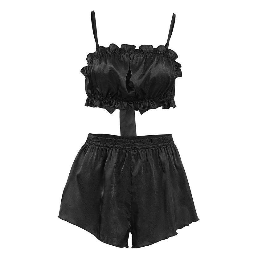 Dame komfortabelt fritids-sæt med blonderdetalje top og løse shorts Stilla