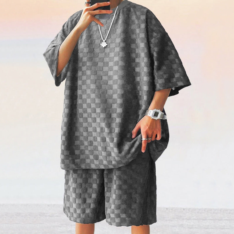 Unisex nan struktureret relief-sæt lavet af honningcomb-jersey med oversized skjorte og knælang shorts Skovae