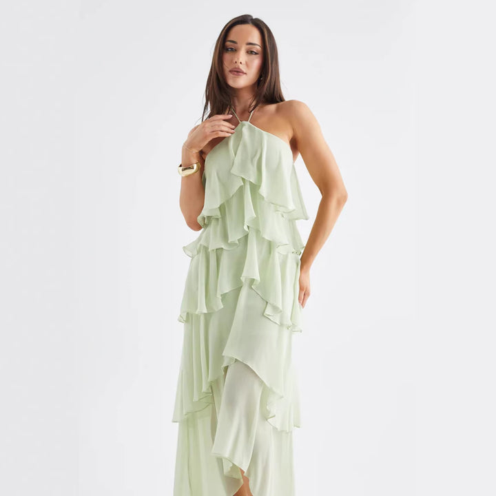 Dame luftige chiffon maxi kjoler med flæser og elegant halterneck Skovae