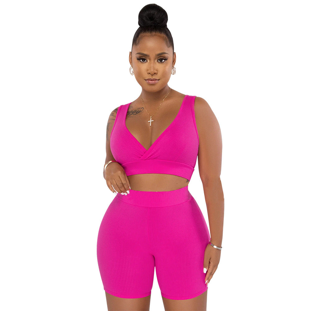 Dame Sporty Sæt af Cropped Top og Cykelshorts med Ribstruktur Stilla