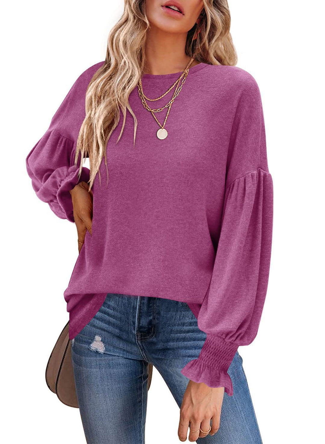Dame sweater med elegante ballonærmer og finstrik Stilla