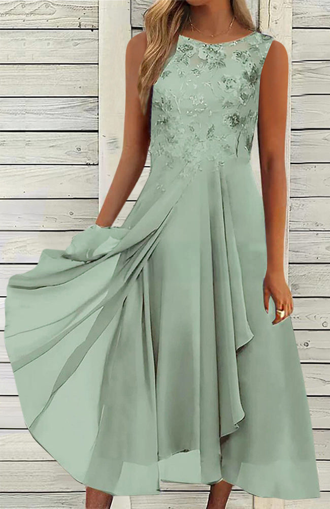 Dame uden ærmer chiffon midi kjole med broderet brystparti og asymmetrisk lag nederdel Skovae