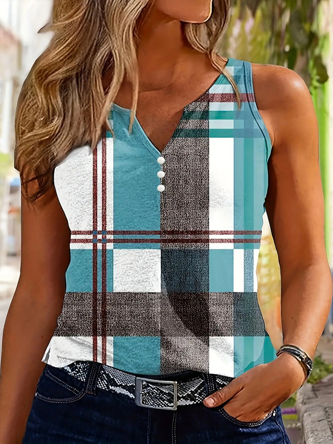 Dame Stiligternet Ruteret Button-Up Tanktop Stilla