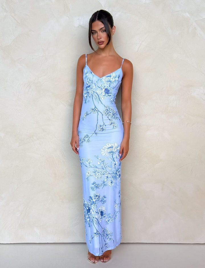 Dame nan figursyet Slip-maxikjole med spaghetti stropper, mider søm og floral barok digitaltryk Skovae