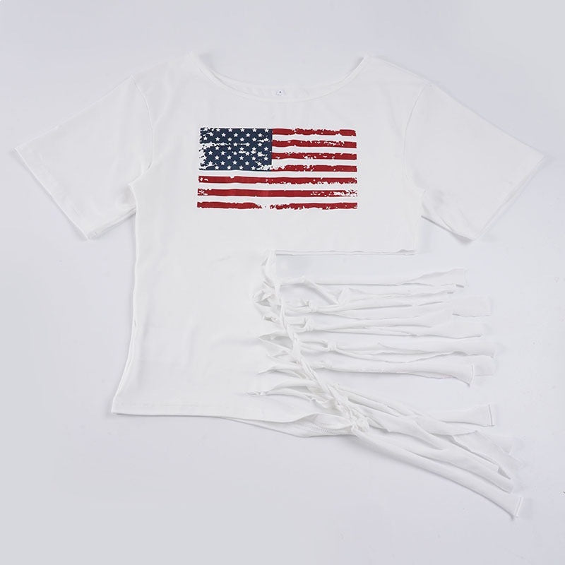 Dame Crop-Top med flagmotiv og raffinerede frynser Skovae