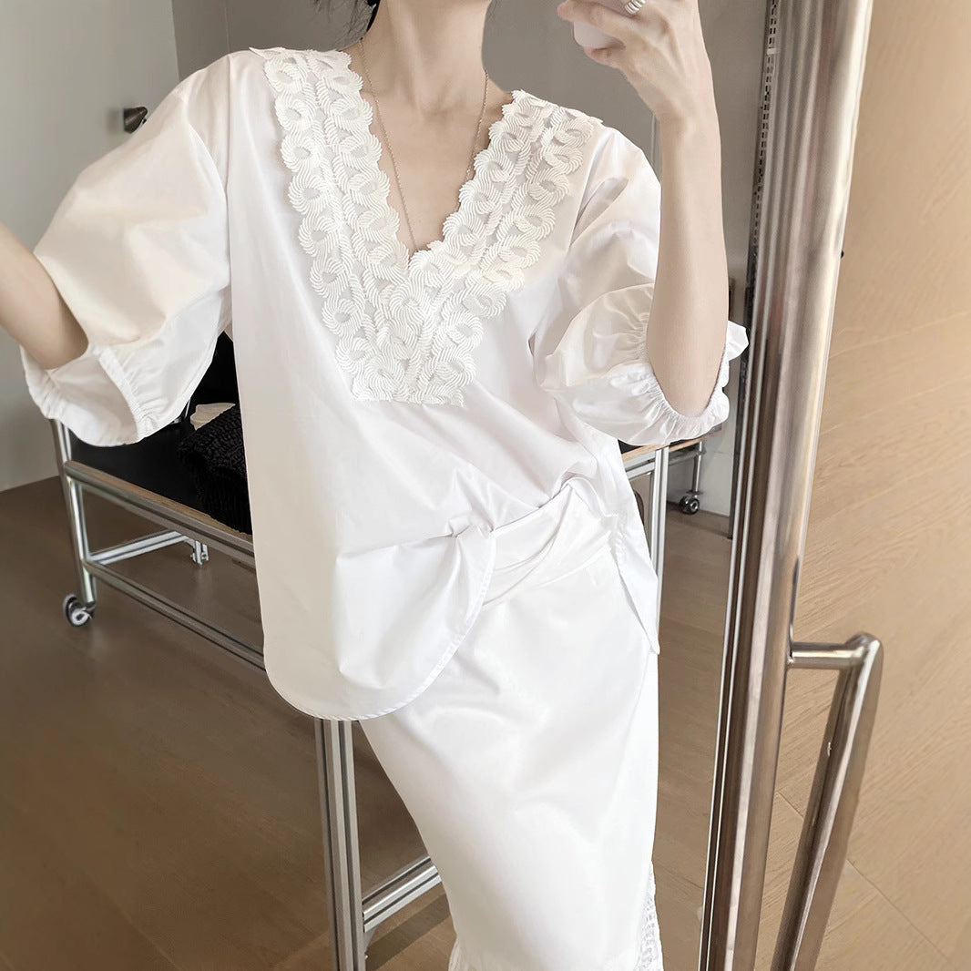 Dame let bluse top med elegant broderi Stilla