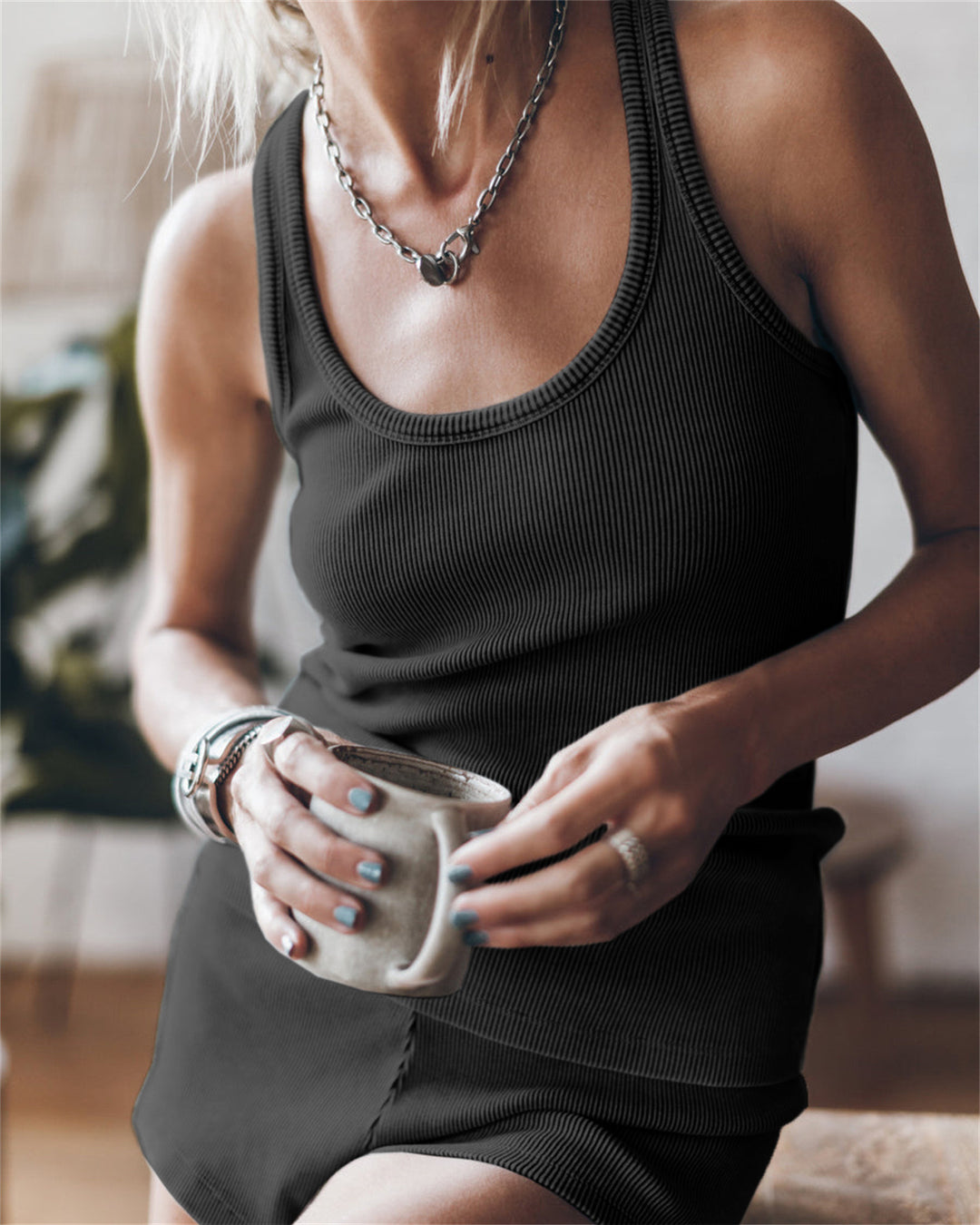 Dame afslappet sæt i ribstof med top og shorts Stilla