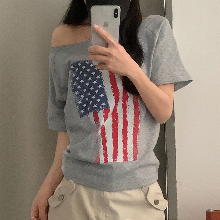Dame afslappet T-shirt med amerikansk flag-design og blødt bomuldsmateriale Skovae