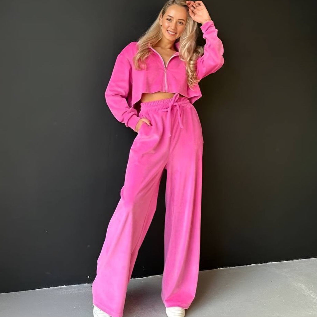 Kvinders sporty cropped sweatshirt og behagelige palazzo bukser sæt Skovae