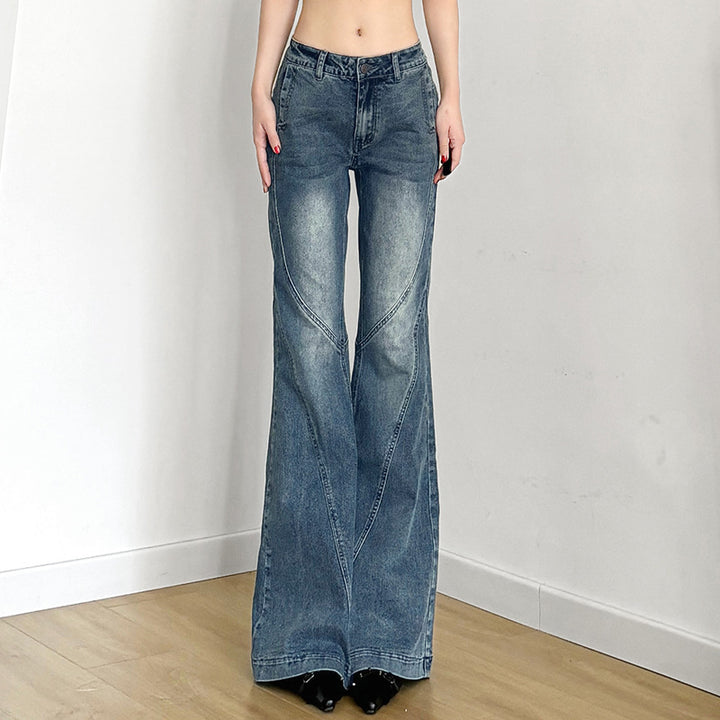 Dame klassiske Flared Jeans med højt liv og frynset kant Skovae
