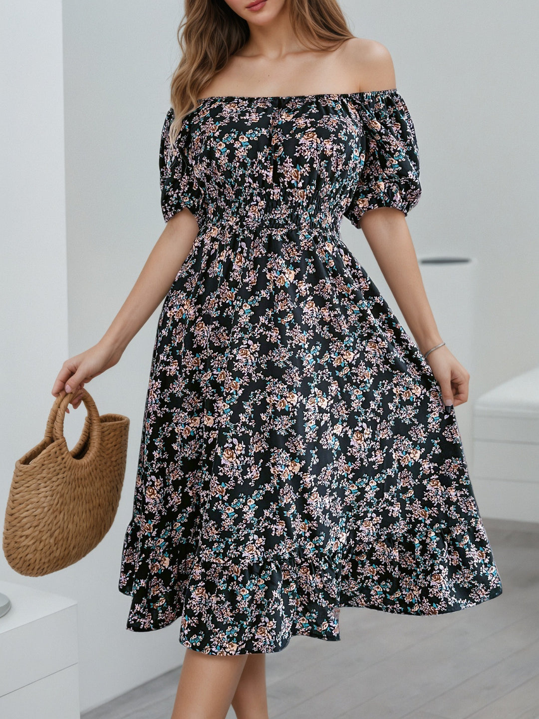 Dame Off-Shoulder Kjole med blomster mønstre og flæser Stilla