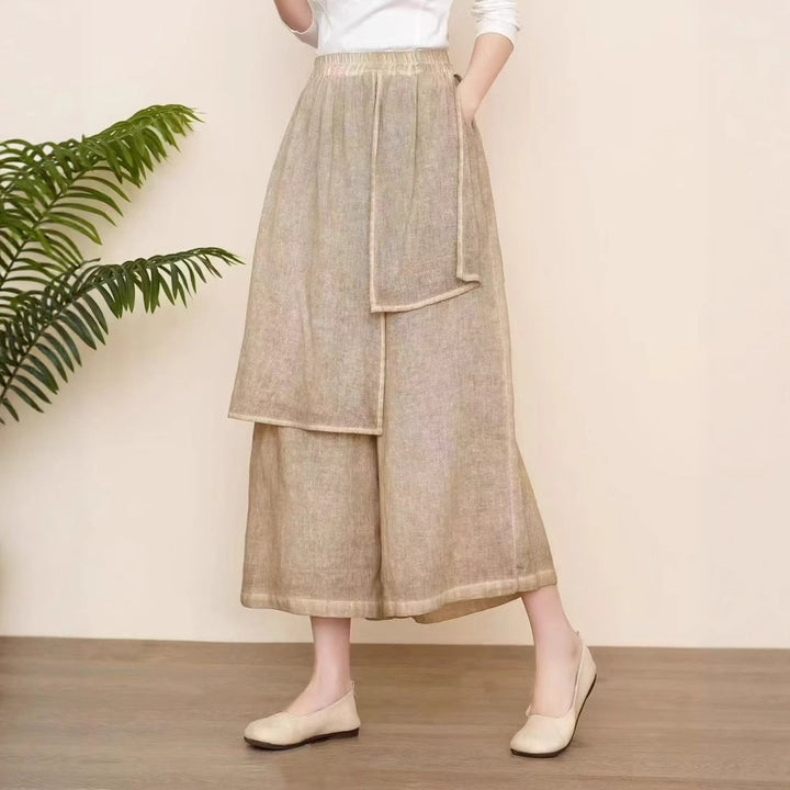 Femme Elegante Bred Leinen Culottes med Justerbar Talje Stilla