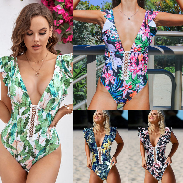 Dame ét-stykke badedragt med floral ruffle design og elegant spidspåføring Stilla