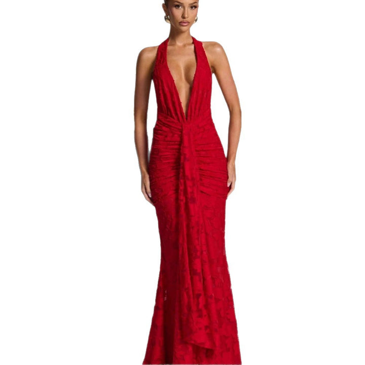 Damer Elegant Maxi Kjole med Dyb V-Hals og Volang Design