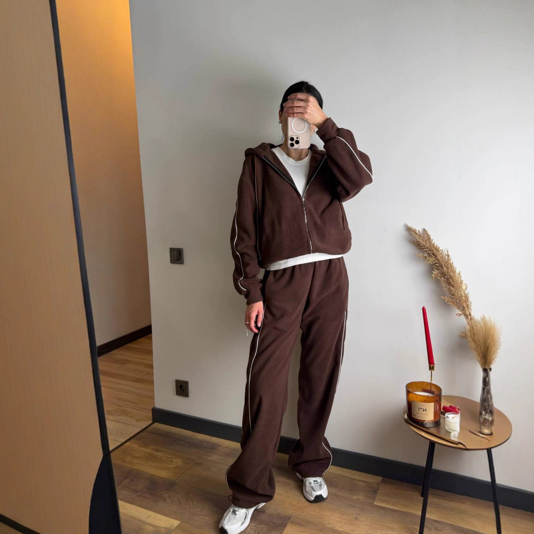 Kvindernes sporty fleece træningsdragt sæt med lynlås og sidelister Skovae
