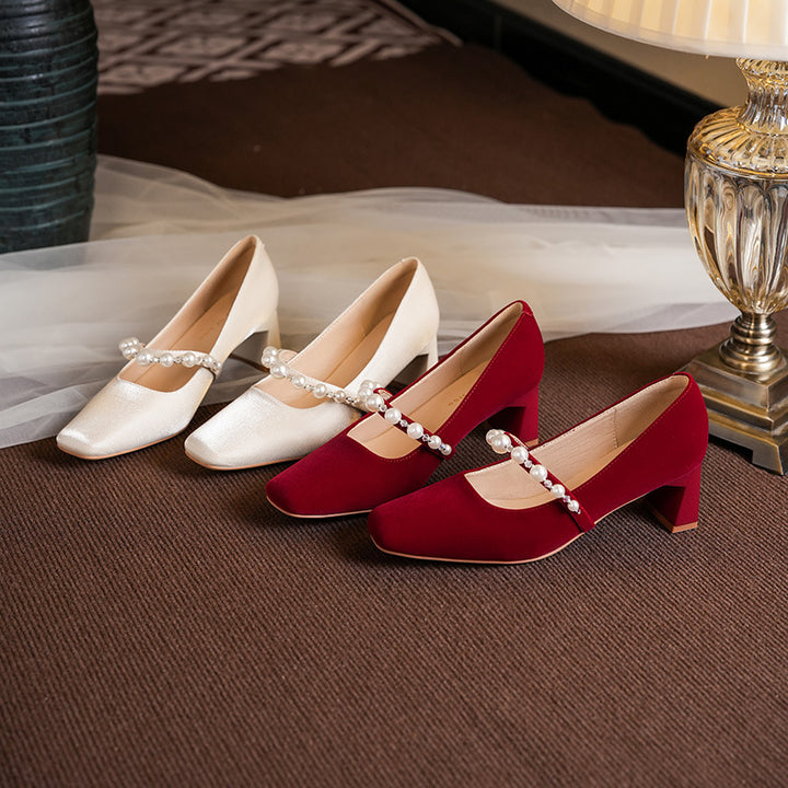 Femme Kvadrat-Absatz-Mary Jane-Pumps med Perleaccent Stilla