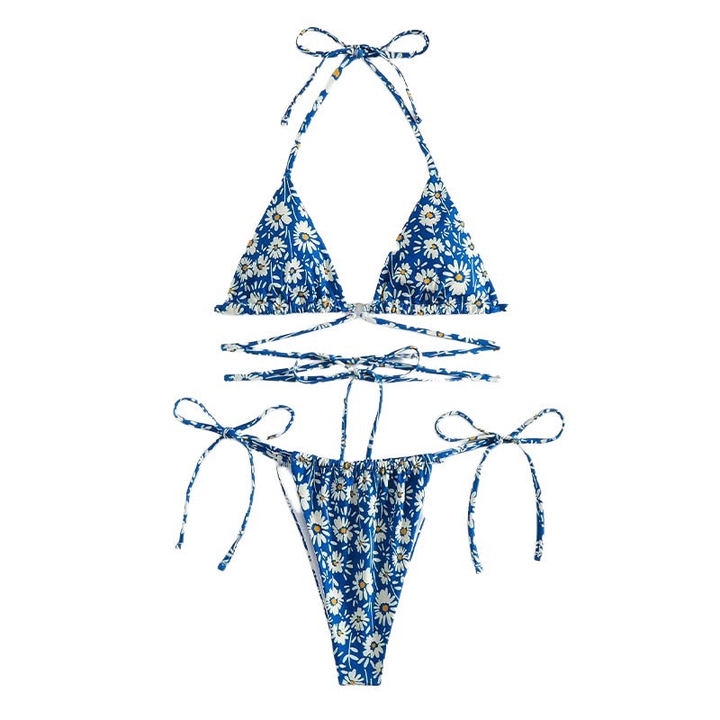 Femme Daisy Print Trekant-Bikini-Sæt med justerbare Bindebånd Stilla