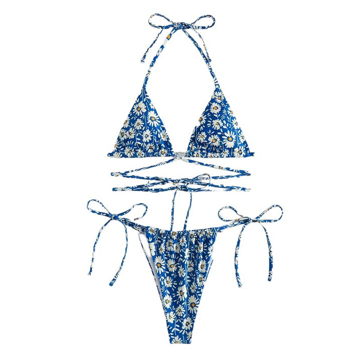 Femme Daisy Print Trekant-Bikini-Sæt med justerbare Bindebånd Stilla