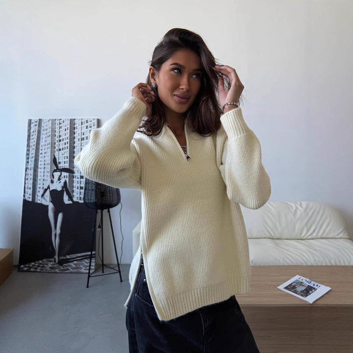Dame trendy zip sweater med sideslæg og høj krave Stilla