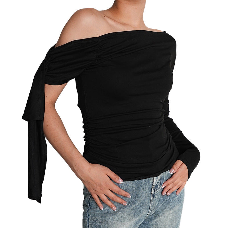 Femme Asymmetrisk Langærmet Rynkning Top Stilla