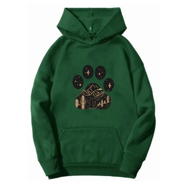 Dame hoodie med kreativ poteprint design og bjerglandskab Skovae