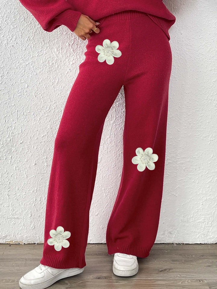 Dame strikbukser med blomstret design og bredt ben Stilla