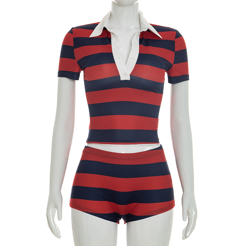 Damen Sportliches Streifen-Oberteil und Shorts-Set Skovae