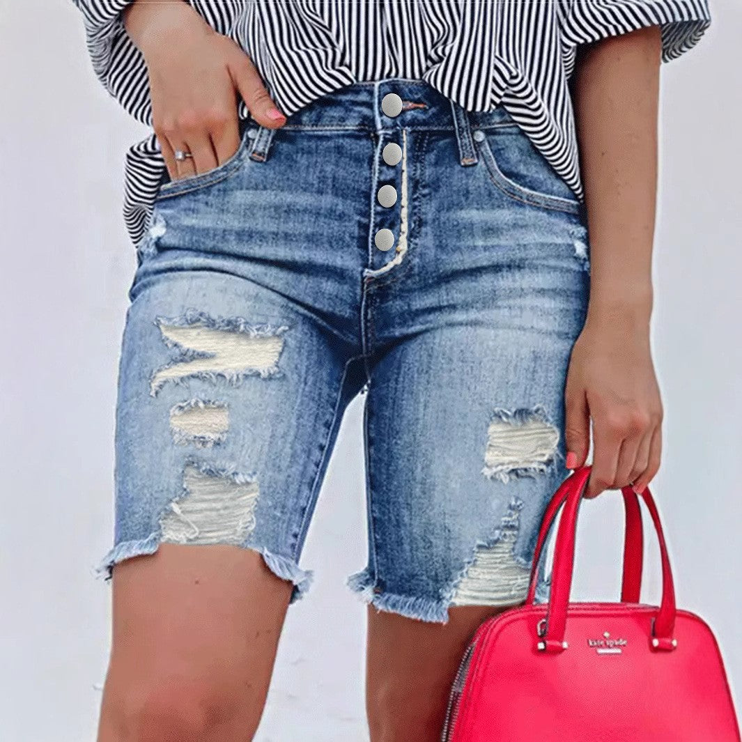 Dame jeansshorts med høj talje og stilfulde destroyed-detaljer Stilla