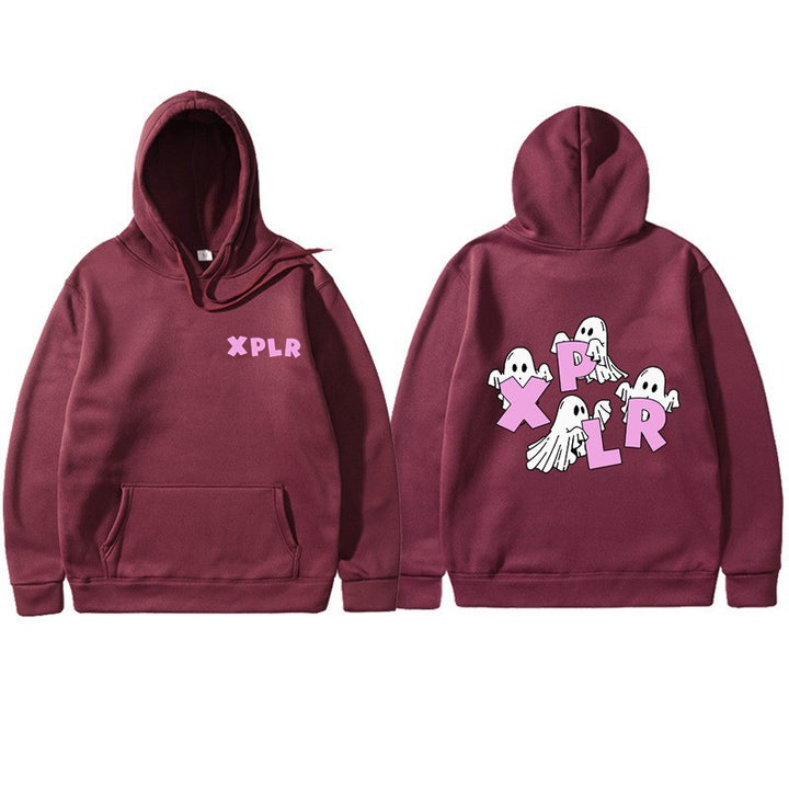 Dame hoodie med kreativt spøgelsesmotiv og kangaroo lomme Skovae