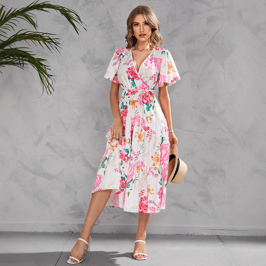 Dame Maxikjole med floral indpakningsdesign og elastisk taljebælte Stilla
