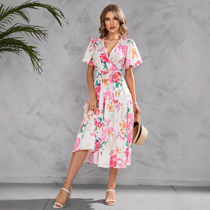 Dame Maxikjole med floral indpakningsdesign og elastisk taljebælte Stilla