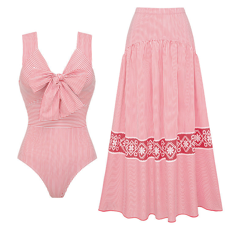 Dame Striped Bikini-Sæt med elegant V-wrap Bluse og moderigtig Skørt Skovae