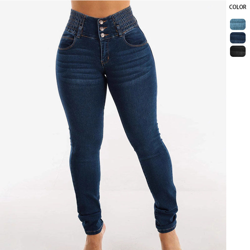 Kvinder Højere Talje Skinny Jeans med Elastisk Talje og Dekorative Knapper Stilla