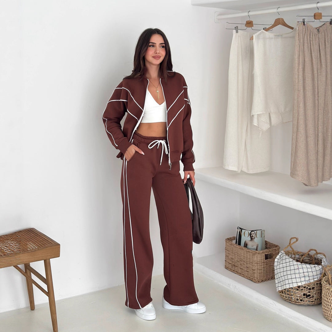 Kvinders sporty lounge set med lynlås og kontrastsyning Skovae