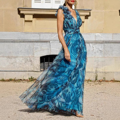 Dame Elegant Maxi Kjole med Delikate Flæse Detaljer og Uigennemsigtig Chiffon Skovae