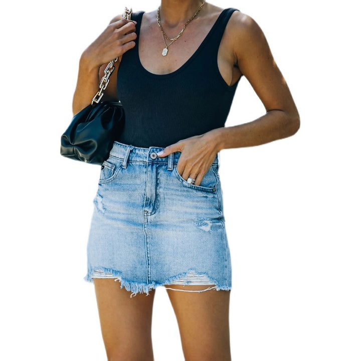 Damer jeans mini nederdel i brugt look med frynser og høj talje Stilla
