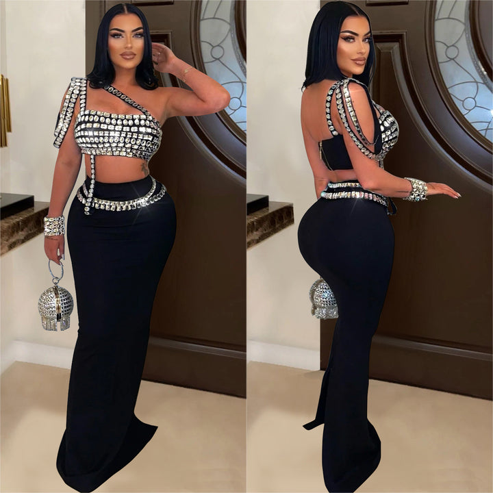 Dame Glitrende Crop-Top med figursyet Maxi-Nederdel Kombination Stilla