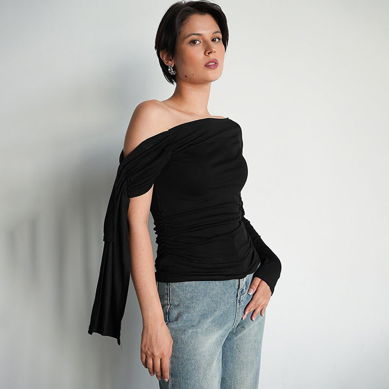 Femme Asymmetrisk Langærmet Rynkning Top Stilla
