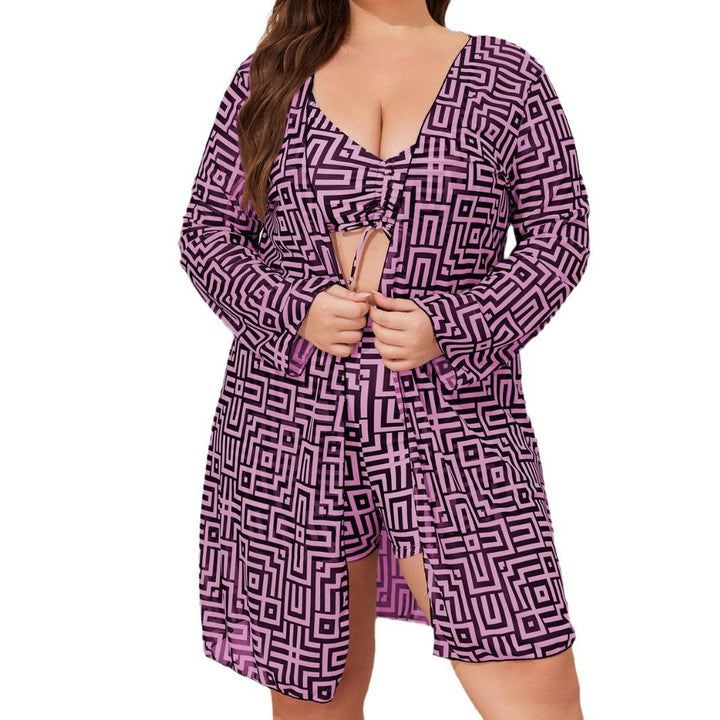 Dame bikini sæt med fashionable kimono og geometrisk mønster Stilla