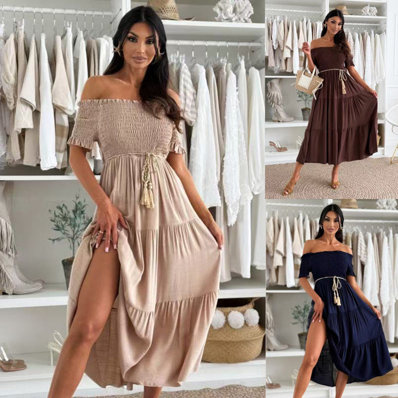 Dame Off-Shoulder Trinmaxikjole med Talje Knude Stilla