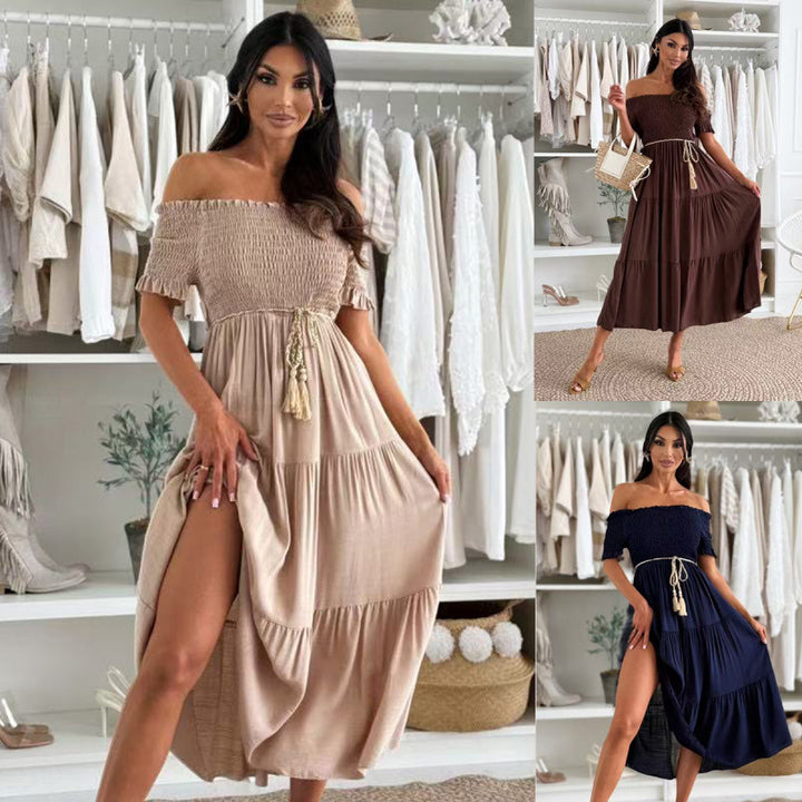 Dame Off-Shoulder Trinmaxikjole med Talje Knude Stilla