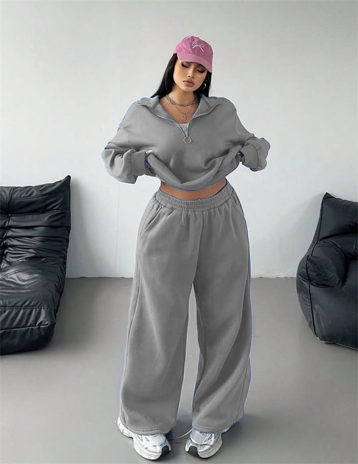 Damerne komfortable fleece loungewear sæt med løs pasform og halvlængde lynlås Skovae