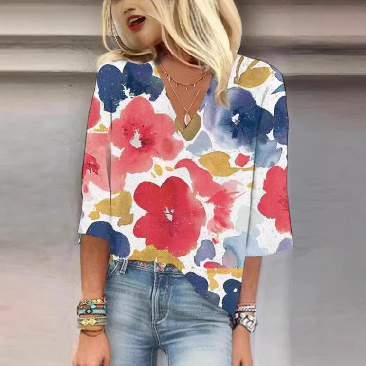 Dame V-hals bluse med blomsterdesign og rummelig pasform Stilla