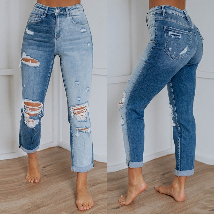 Dame Ripped Boyfriend Jeans med asymmetrisk design Stilla